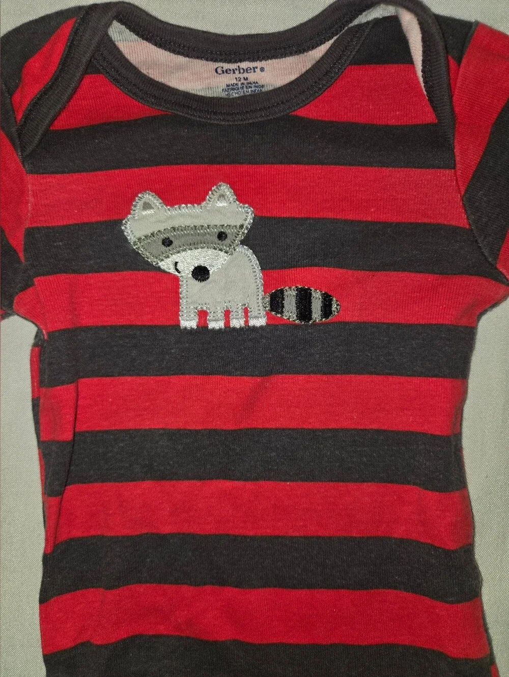 Red & Black Striped Long-Sleeve Baby One-Piece with Raccoon Applique
